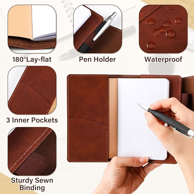 Frienda Field Notebook Leather Cover with 3 Pcs Pocket Notebooks 3.5" x 5.5" Small Journal Note Cover Blank Mini Notepad Holder Memo Sheets for Offices Meetings Daily Records Travel