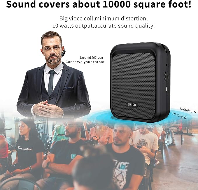 SHIDU Mini Voice Amplifier Portable Bluetooth Speaker with UHF Wireless Microphone Headset 10W 1800mAh PA system Supports MP3 Format Audio for Teachers, Coaches, Training, Tour Guide.