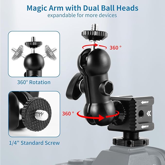 UTEBIT 3 Port Cold Shoe Mount with 1/4"-20 Thread , Cold Shoe Extension Bracket with 3.8" Magic Arm Dual 1/4 Screw Head Adapter 360° Rotatable, for Camera Cage Flash LED Monitor Microphone, Black