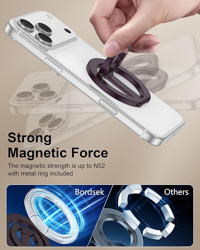 MagSafe Finger Ring Phone Holder with Kickstand, Magnetic Grip Stand for iPhone 17 Pro Max/Air/16e/16 Plus/15/14/13/12 Mini Samsung Galaxy & Pixel, Stick-On for MagSafe Car Mount, Gym & Metal Surfaces