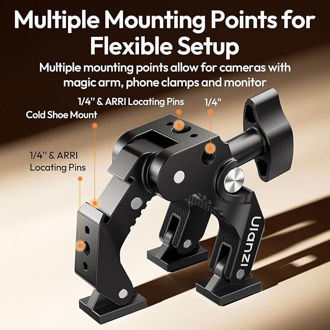 ULANZI CO78 Super Clamp Mount f Camera Rig – Multi-Point Metal Grip w 1/4" & ARRI Locating Pins + Cold Shoe Mount f Action Cam, Monitor & LED Lights, 3-Jaw Designed f Banister,Handlebar, Desk,Branches