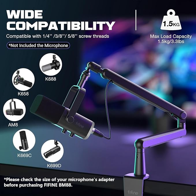 FIFINE Microphone Boom Arm, Low Profile Adjustable Stick Microphone Arm Stand with Desk Mount Clamp, Screw Adapter, Cable Management, for Podcast Streaming Gaming Studio-BM88