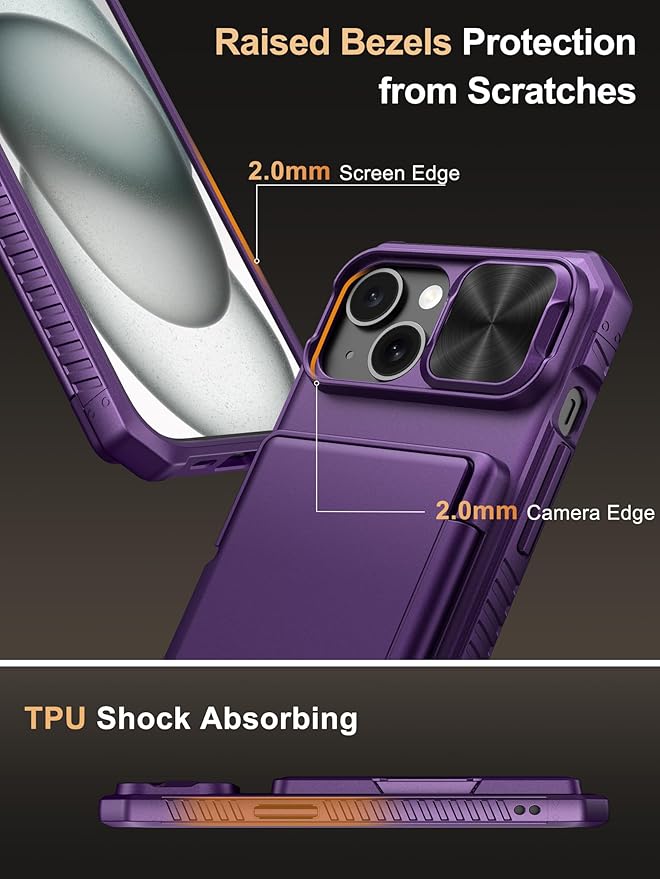 Vihibii for iPhone 15/14/13 Wallet Case, Built-in Card Holder (4 Cards), RFID Blocking & Slide Camera Cover, Military Grade Drop Protection, Rugged Hard Phone Case, Dark Purple