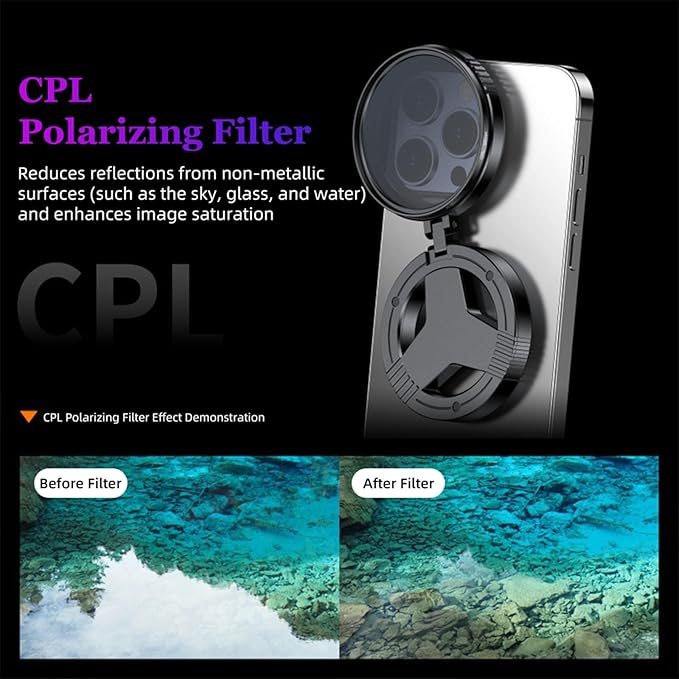 Magnetic CPL Filter for iPhone, 52mm Foldable Polarizing Filter Lens, Quick Mount Anti-Glare Phone Camera Filter, Reduces Reflections, Enhances Color (2Pcs)