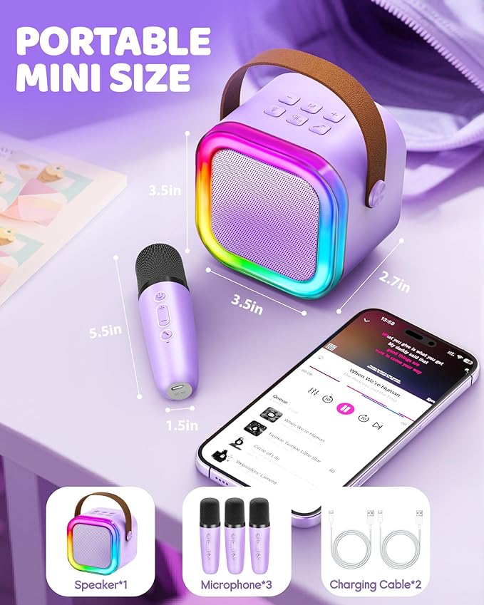 Mini Karaoke Machine for Kids, 2026 TOP Toys Birthday Gifts Ideas for Girls Ages 4, 5, 6, 7, 8, 9, 10, 12+ Years Old, Portable MP3 Player with 3 Wireless Mics for Family Home Party