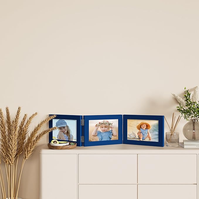 decorUhome Triple 7x5 Picture Frame Horizontal, Engineered Wood Trifold Photo Frame with Plexiglass for Tabletop Display, 7x5, Royal Blue