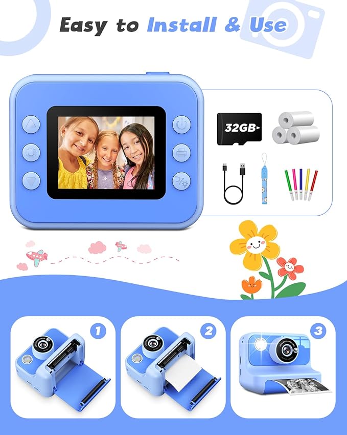 Instant Print Camera for Kids, 1080P Digital Video Cameras, Christmas Birthday Gifts Toys for Age 3-12, Toddler Camera for 4 5 6 7 8 9 10 Year Old Boys - Blue