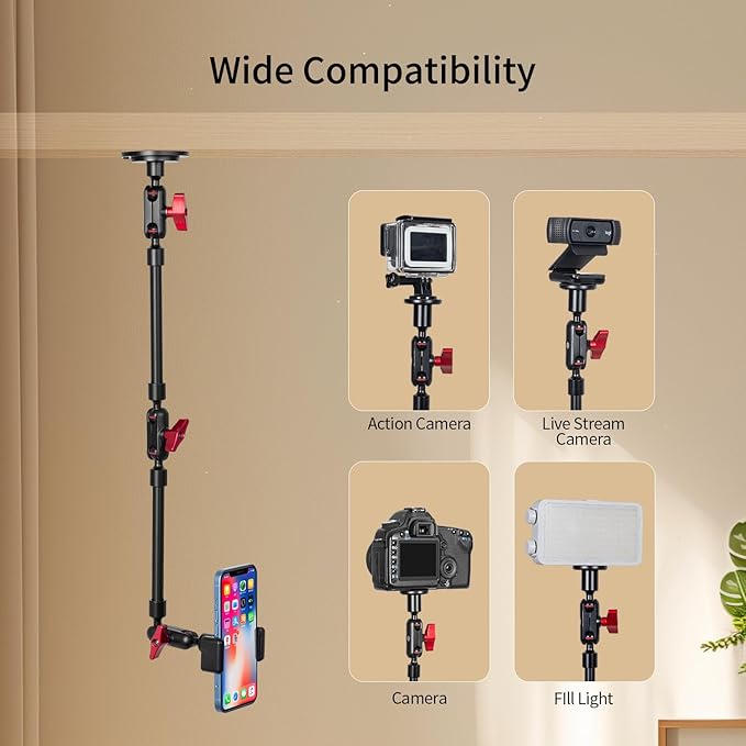 23'' Metal Base Magic Arm Phone Mount - Wall Screw-Mounted, 1LBS Load, 360° Rotatable for Live Stream/Office/Video Recording