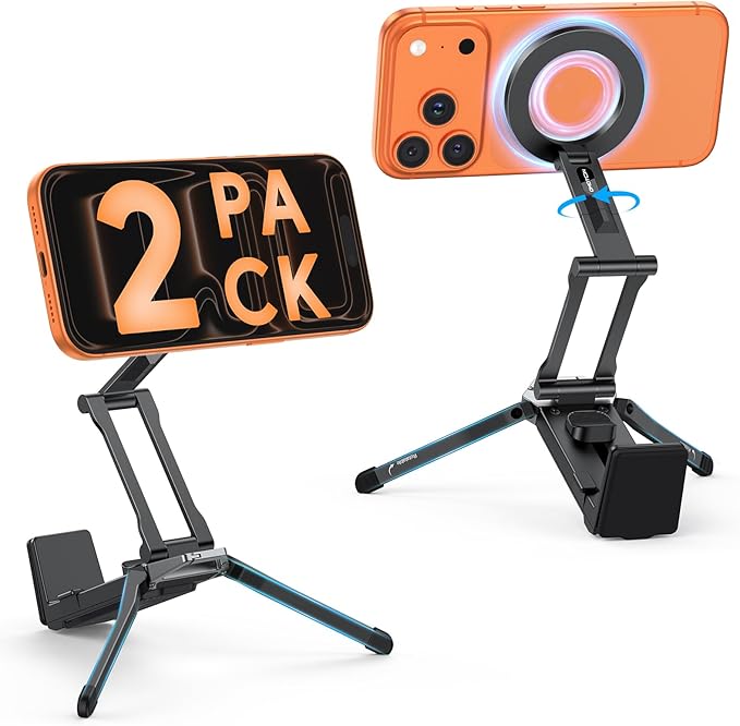 OMOTON [2 Pack] 360°Rotating for MagSafe Tripod, Adjustable Aluminum Magnetic Phone Tripod for iPhone 17/16/15/14 Pro Max Air, Foldable Cell Selfie Stick Fits Vlog, Gym, Travel Essentials