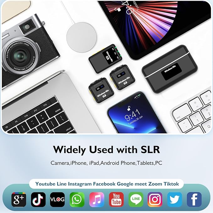Wireless Lavalier Microphone (2 TX + 1RX + Charging Case) for DSLR Camera iPhone Android PC 656FT Range Professional Lapel Mic Wireless with 48KHZ/24Bit Clear Voice, 30Hours Vlogging