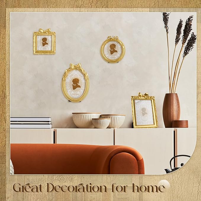 4 Pcs Vintage Picture Frames 5x7 4x6 4x4 inch Baroque Gold Resin Photo Frames with Glass Front Ornate Wall Hanging and Tabletop Display for Retro Home Decoration Wedding Gallery Hotel(Bowknot)