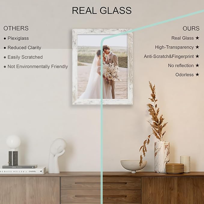 10x13 Picture Frame Set of 4, Made of Real Glass and Distressed White Frame, 10 by 13 Photo for Wall or Tabletop - Display Picture 8.5x11 with Mat or 10x13 Without Mat