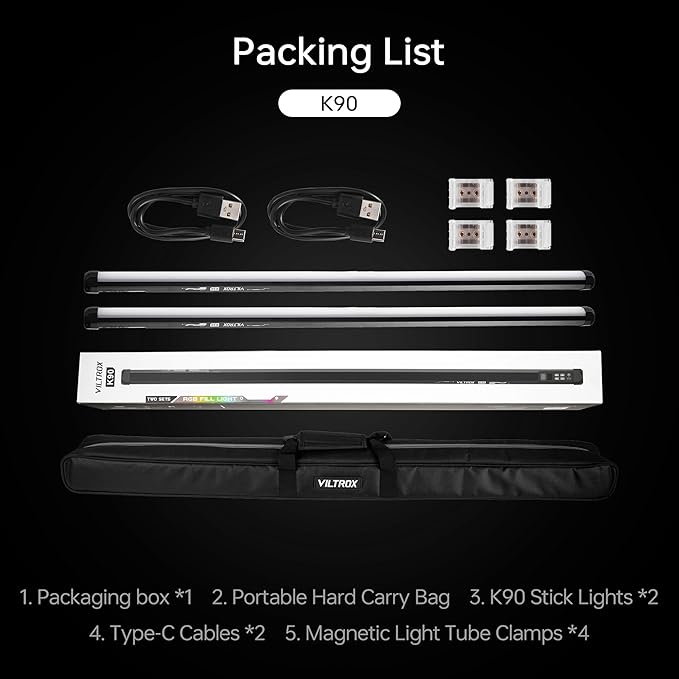 VILTROX 2 Pack LED Stick Light Kit, 30W Full Color LED Tube Light with Built-in 14.8V/3300mAh Battery and USB-C 35W Fast Charging, RGBW Video Light for Photography and Filmmaking (K90 Kit)