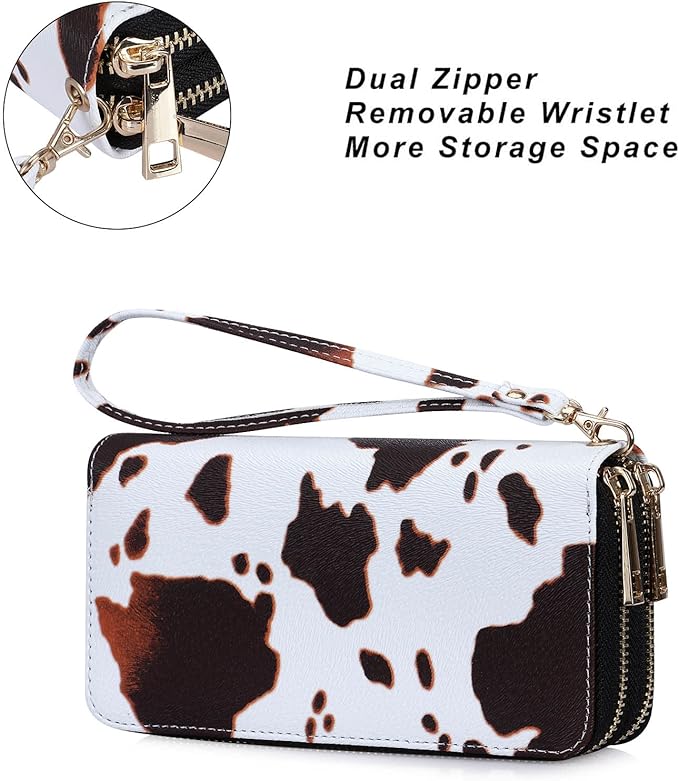 Cellphone Wallet for Women Dual Zipper Long Purse with Removable Wristlet