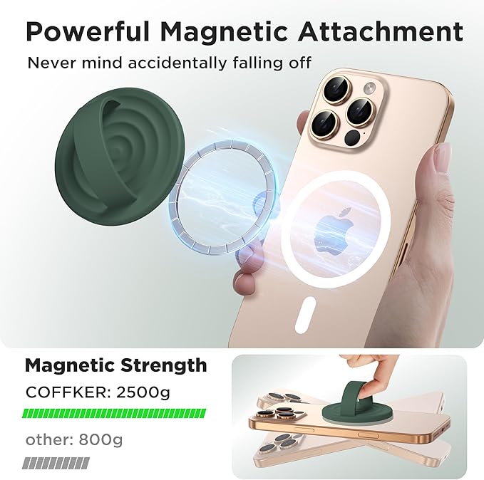Magnetic Phone Grip Ring Holder, Liquid Silicone Magnet Cell Phone Grip Finger Loop, Compatible with Magsafe, Back of Phone for iPhone 17/16/15/14/13/12 Series, Alpine Green