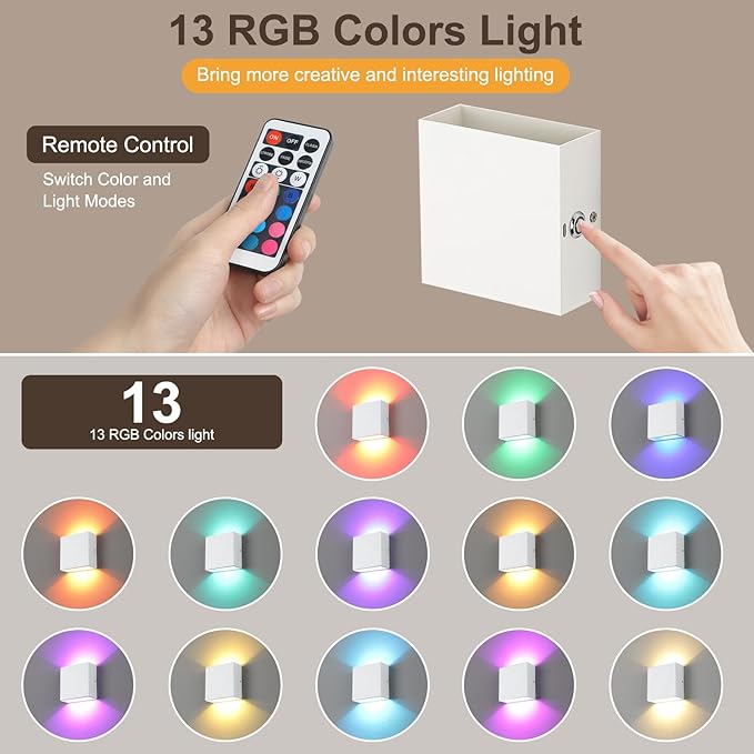 Lightess Rechargeable Wall Sconces with Remote Control Set of 2, Battery Wall Lights Colored, Dimmable LED Wall Lamp for Bedroom Living Room