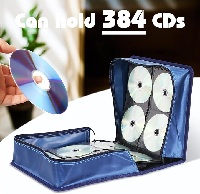 DVD Case CD Storage,384 Capacity CD Cases Holder DVD Storage Case Holders CD DVD Disc Case Storage Wallet Binder for Car Home Office Travel (Blue)
