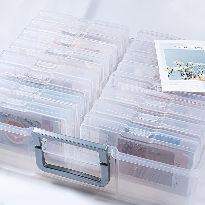 novelinks Transparent 4" x 6" Photo Organizers and Photo Storage Box with Handle, 16 Inner Photo Cases, Portable Picture Organizers & Photo Storage Containers (Clear-Silver Handle)