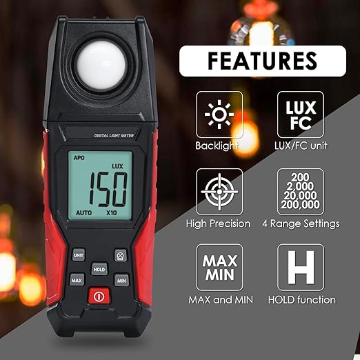 Light Meter Digital Illuminance Lux Meter 0.1~200,000 LUX (0.01~20000FC) with Backlight Luxmeter, Lighting Intensity Brightness Measurement for Indoor Outdoor Plants Film Photography Lumen Meter