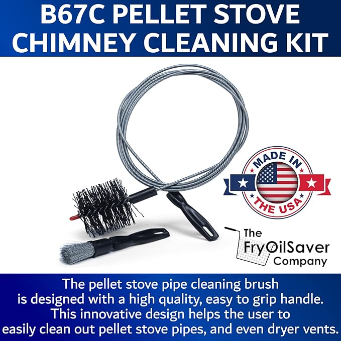 Pellet Stove & Dryer Vent Cleaner Kit – 3 inch Head and 10 ft Long Steel Flexible Brush for Fireplace Chimney, Ash, Lint & Soot Buildup Removal - Pellet Stove Cleaning Kit by FryOilSaver B67C