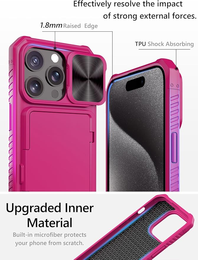 Vihibii for iPhone 15 Pro Case with Card Holder (4 Cards) & Slide Camera Cover & Kickstand, Shockproof Rugged Hard Back & TPU Soft Edge Wallet Phone Case for iPhone 15 Pro 5G 6.1" 2023 (Pink)