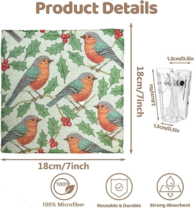 8-Pack Ultra-Fine Microfiber Kitchen Towels, 7-Inch Square with 8 Clips & Multiple Patterns – Soft, Absorbent, Reusable Cleaning Cloths (Birds)