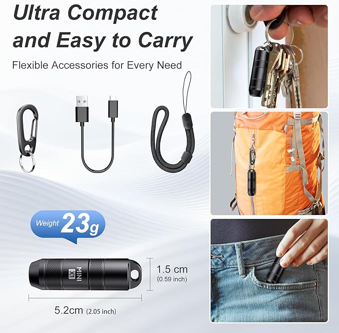 EDC Mini Flashlights High Lumens LED Pocket Keychain Magnetic Activation Flashlight Type-C Rechargeable Small Flashlight Long Battery Life & Long Illumination Distance -LT090 Mini X1 (1, Black)