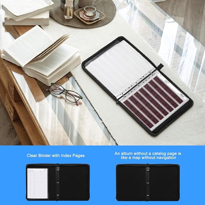 eTone Film Negative Storage Album, Black PU Leather, 50 35mm Acid-Free Sleeves, Triple Ring Binder Box, 13.18x7.08x1.96 Inch (Blue)