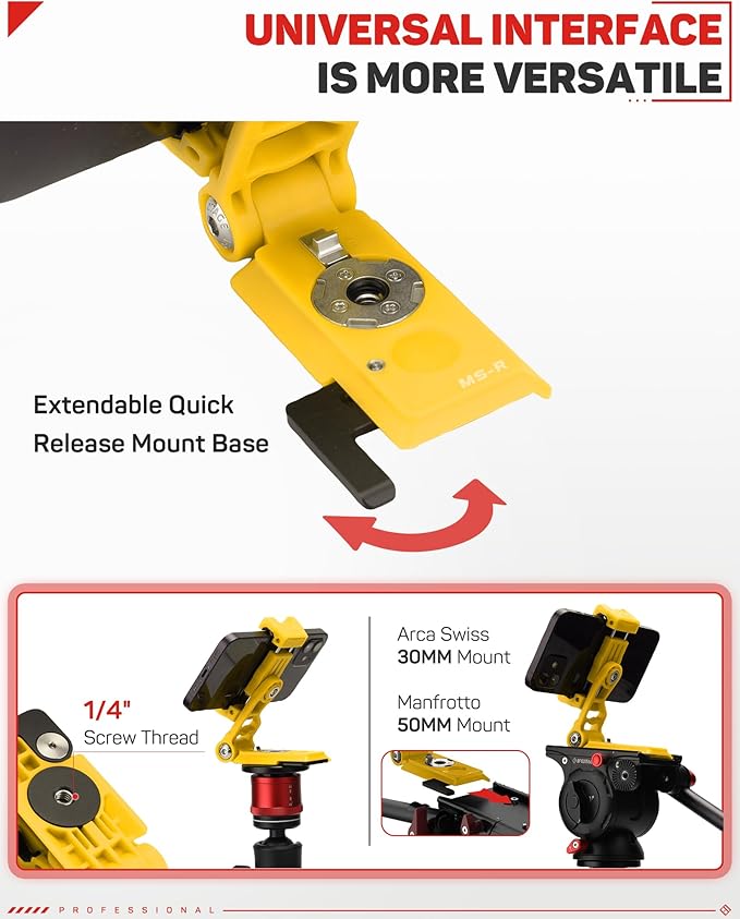 IFOOTAGE Phone Holder, Phone Tripod Mount Adapter with Cold Shoe, 360° Rotation Cell Phone Holder for Tripod, Selfie Stick, Desk Phone Stand with Adjustable Clamp, Yellow