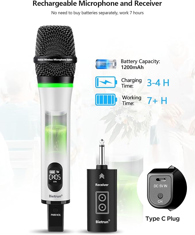 Bietrun Wireless Microphone Rechargeable, 168FT Range Bluetooth Microphone Wireless (Work 7 hrs) with 1/4'' Output, UHF Metal Handheld Dynamic Mic for Karaoke Machine/PA System/Speaker/Church/Wedding