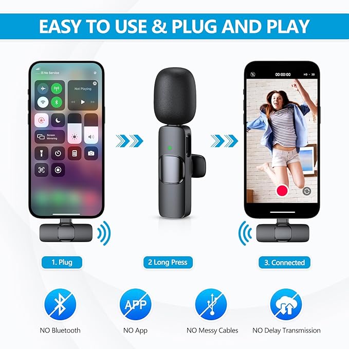 RICCHI Wireless Mini Microphone for iPhone 7-14 iPad, 2 Pack Wireless Lavalier Microphone Plug-Play Lapel Clip-on Mic for Recording, Live Streaming, Podcast, Facebook, YouTube, Vlog