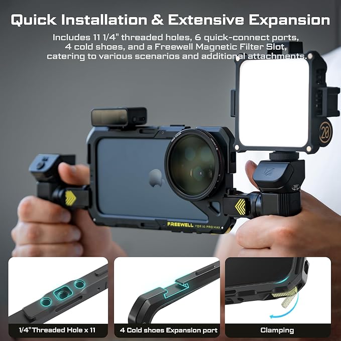 Freewell Genius Rig Cage for iPhone 16 Pro Max - Tool-Free Setup, Multifunctional Tripod and Monopod Handles, Bluetooth Remote