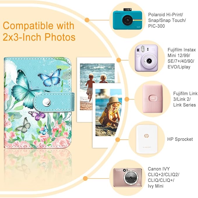 Lebrocoli Butterfly Small Photos Album for 2x3 Inch Films, 56 Pockets Mini Cute Albums Book for Polaroid Fujifilm Instax Mini Instant Camera Printer, Kpop Photocard Pictures Binders Holders Storage