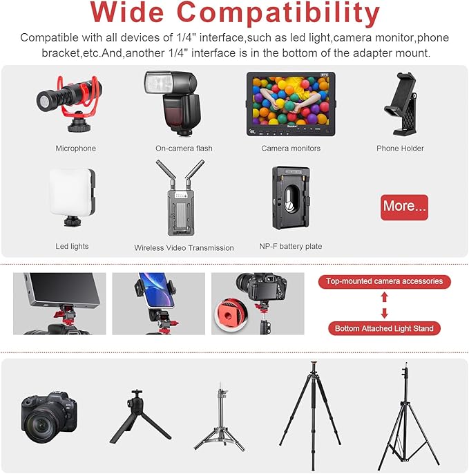 FOMITO Metal Camera Monitor Mount with 1/4" Serew and Cold Shoe, Rotary Adapter 360° Swivel Universal for Flash Speedlite, Field Monitor, LED Video Light, Microphone,etc - Red Color