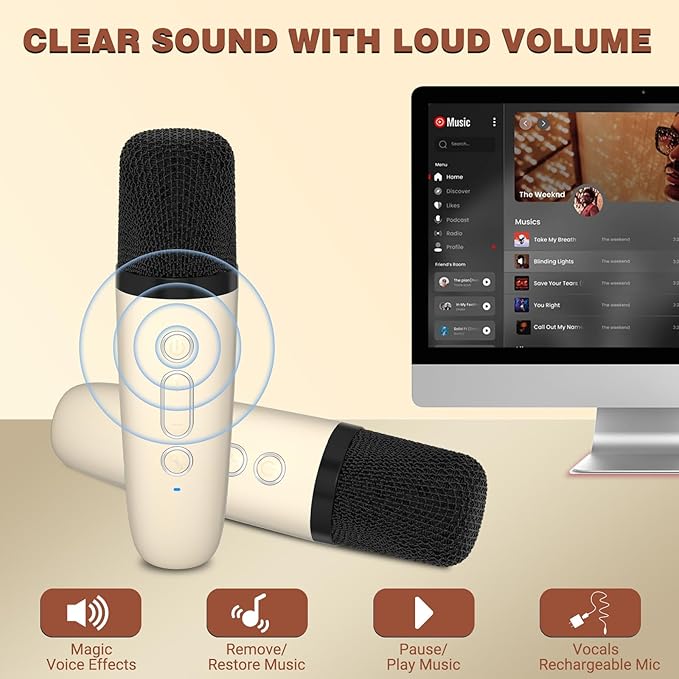 Mini Karaoke Machine for Kids, 2025 Top Christmas Birthday Gifts for 4, 5, 6, 7, 8, 9, 10, 12+Years Old Girls Boys Grandkids, Party Portable Bluetooth Speaker with 2 Wireless Microphones (Beige)