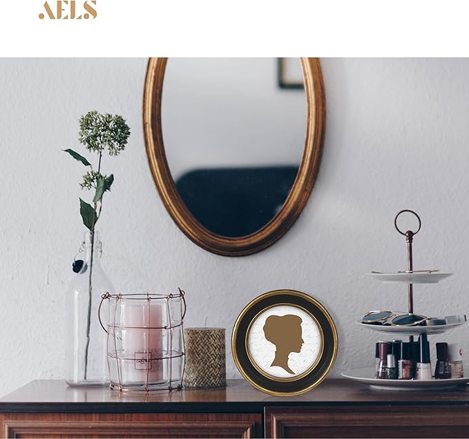 AELS 4x4 Inch Vintage Picture Frame, Elegant Antique Photo Frames with Glass Front, Photo Display, Tabletop Wall Hanging, Gift Ideas, Black Round with Gold Trim