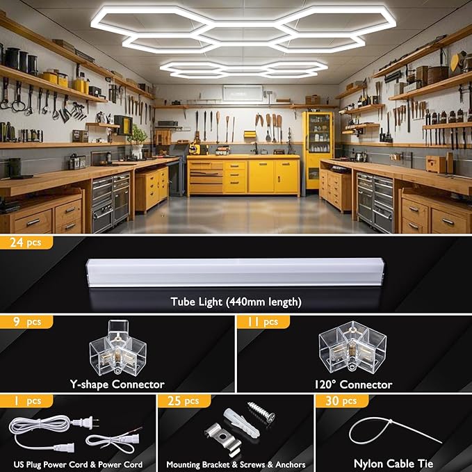 BRILLIHOOD Hexagon Garage Lights, 10-100% Dimmable LED Honeycomb Lights, 23040LM, 6500K Super Bright, 5 Grid Systems Car Detailing Lighting for Warehouse Workshop Basement Gym