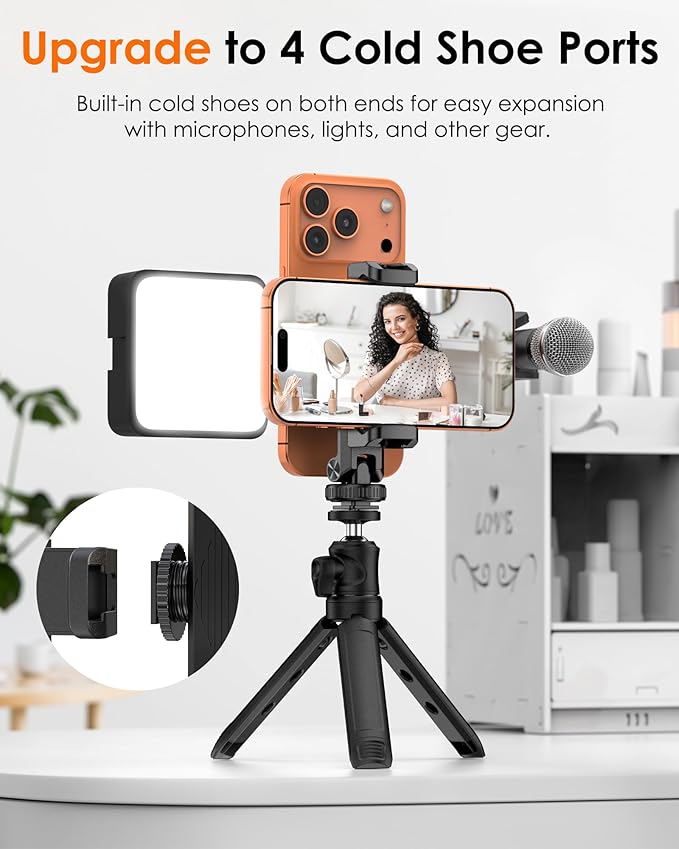 Tripod Phone Mount, Dual Phone Holder with 4 Cold Shoe and 1/4" Screw, 360° Rotates and 180° Tilts Adjustable Cold Shoe Mount for Phone, Camera, Stabilizers, Video, Live Streaming, Vlogging