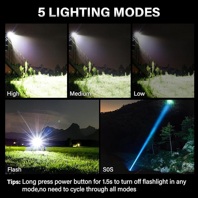 AKNEAR Rechargeable LED Flashlight 99000 High Lumens, Super Bright Flashlights with Zoomable & USB C Rechargeable & 5 Light Mode & IPX-7 Waterproof, Powerful Flash Light for Home, Hiking, Camping