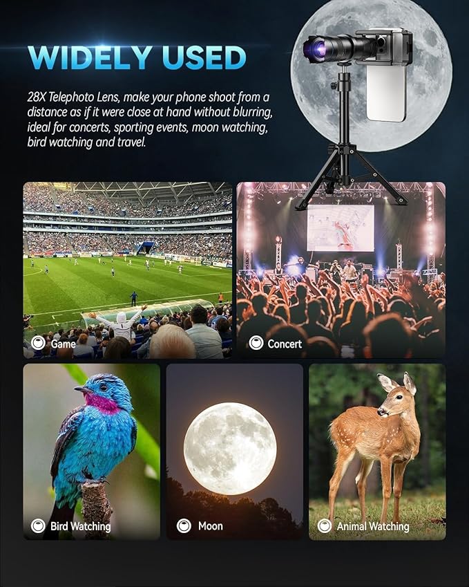 MIAO LAB 28X Telephoto Lens, High Power HD Telephoto Phone Lens with Adjustable Tripod and Universal Phone Clip, Phone Lens Attachment for Android & iPhone