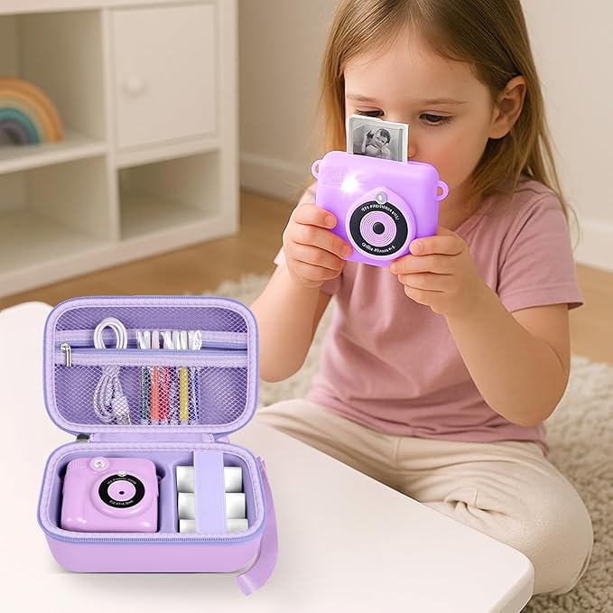 Kids Instant Print Camera Case for ESOXOFFORE Digital Video Cameras with 3 Rolls Paper Refill, Toddler Film Camera Storage Holder Bag with Mesh Pocket for Thermal Paper Accessories (Box Only)- Purple