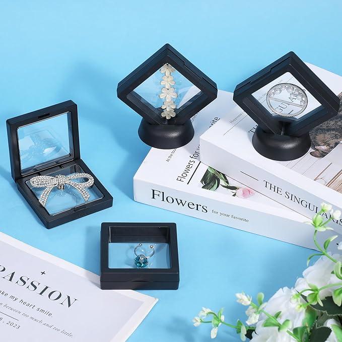60 Pcs 3D Floating Display Case with Stand, 2.8 x 2.8 x 0.8 Inch Black Challenge Coin Display Case Clear Film Jewelry Storage Holder for Jewelry, Specimen, Rock