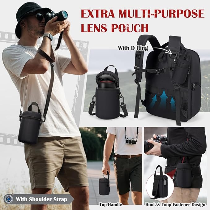 SDYSM Camera Backpack, Hardshell DSLR/SLR Camera Bag with Lens Pouch & 15.6" Laptop Compartment Waterproof Camera Case with Rain Cover Photography Backpack Compatible for Canon/Nikon/Sony/Drone Black