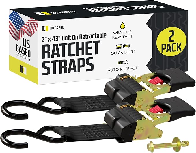 DC Cargo Mall Retractable Ratchet Straps Bolt-on (2 Pack) 2 Inch x 43 Inch - 1,100 lbs Break Strength Heavy Duty Auto Self Retracting Tie Down Straps for Boat, Jet Ski, Seadoo Accessories