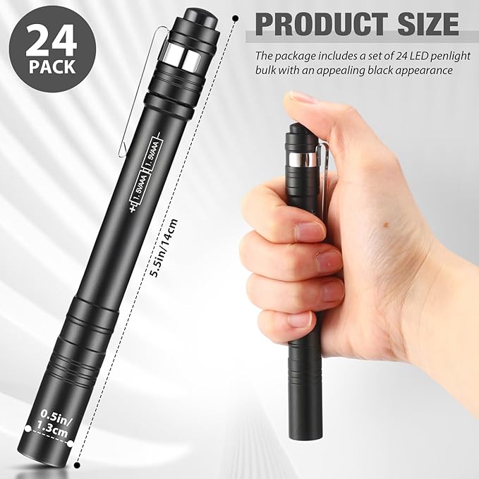 24 Pack Christmas Mini Pen Flashlights Bulk Gifts LED Pen Lights Aluminum Pocket Flashlights with Clips Small Handheld Torches for Men Camping Hiking Emergency Outdoor (Black)