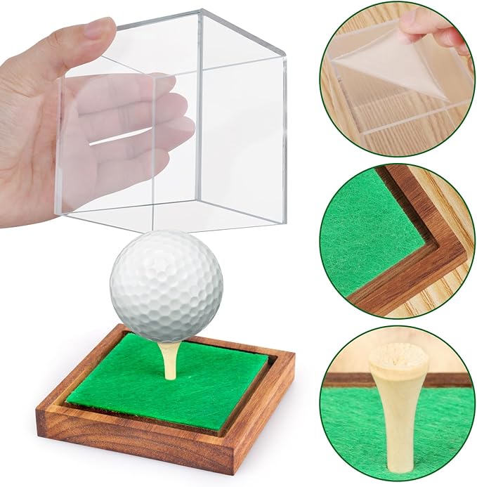 2 Pack Clear Acrylic Golf Ball Display Case with Wood Base & Tee, Memorabilia Stand Cube Holder, Dust Protection Transparent Storage Box for Single Ball Souvenir Golfball Collections