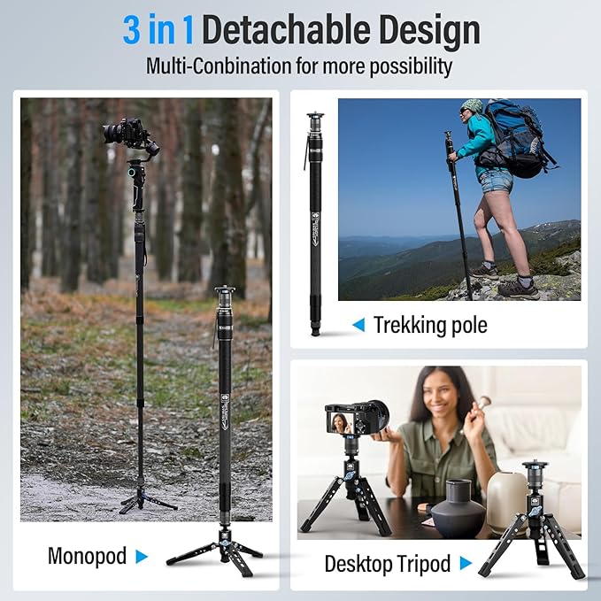 SIRUI SVM-165 Rapid Monopod for Cameras, 65” Carbon Fiber Monopod with Feet, One-Step Rapid Height Adjustment, Lightweight for DSLR Camera, Modular 3 in 1, Max Load 22lbs
