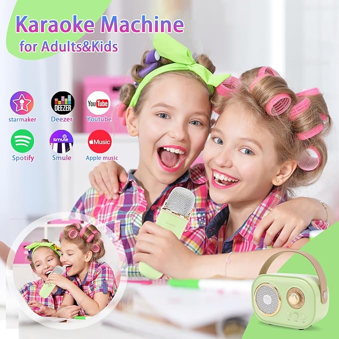 Mini Karaoke Machine for Kids,Portable Bluetooth Speaker with 2 Wireless Microphone,Toys for Girls Boys Gifts,Retro Speaker Set Stereo Sound Enhanced Bass for Home Party Birthday (Green)