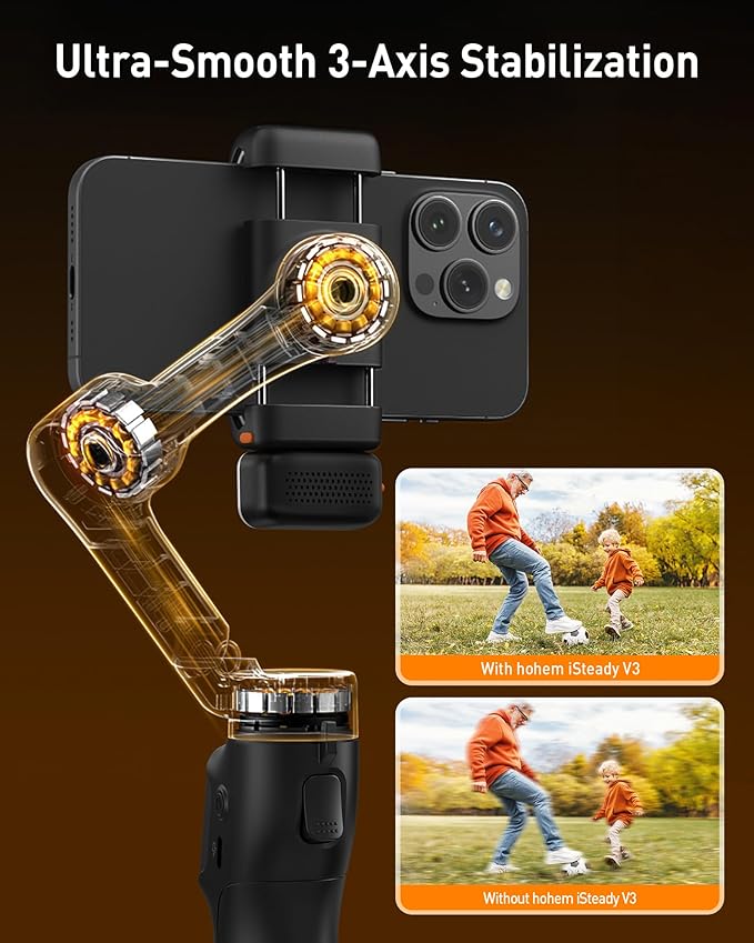hohem iSteady V3 Gimbal Stabilizer for iPhone, 3-Axis Phone Gimbal, Magnetic AI Tracker, Built-in Extendable Rod & Tripod, Detachable Remote Control, Stabilizer for Travel, Vlog, TikTok, Black