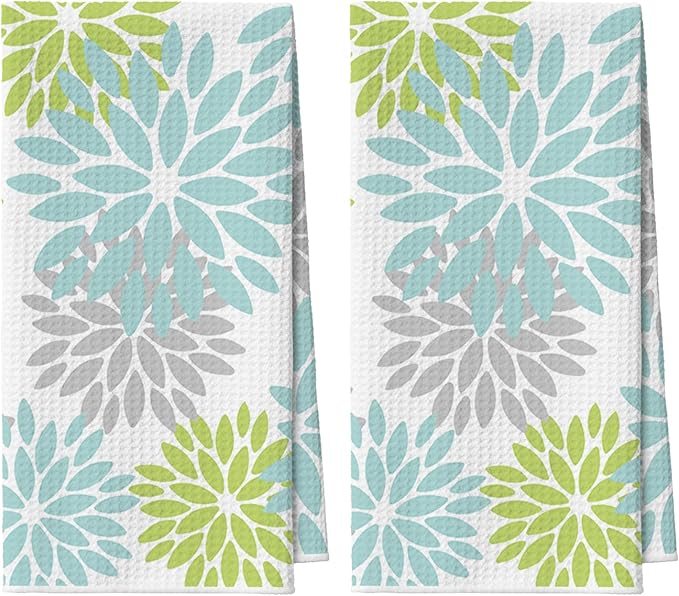Artoid Mode Light Blue Dahlia Floral Kitchen Towels Dish Towels, 18x26 Inch Quick Dry Microfiber Cloth Hand Towels for Kitchen Drying Set of 2